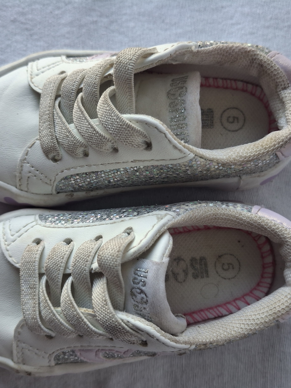 Girls White Sneakers with Silver Glitter Trim